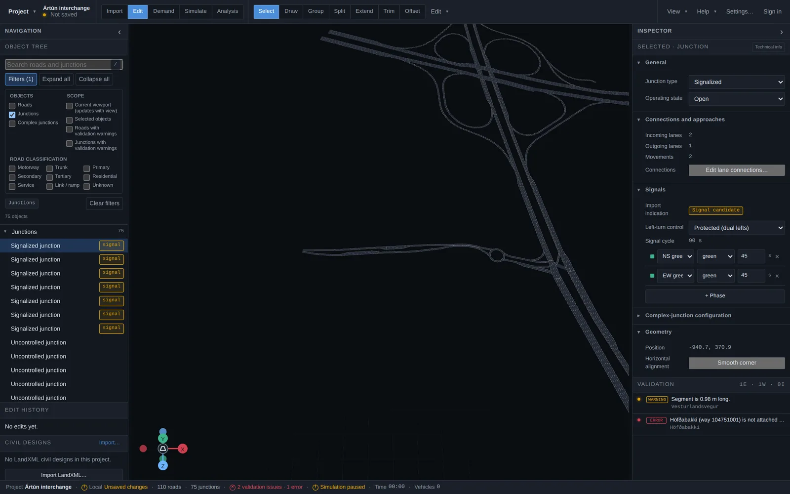 A signalized junction selected via the object tree filters, with signal phases in the inspector