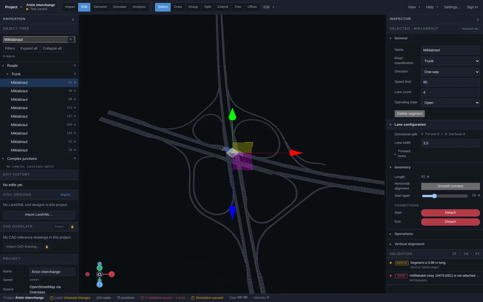 A selected trunk road at the Ártún cloverleaf with the inspector showing lane configuration