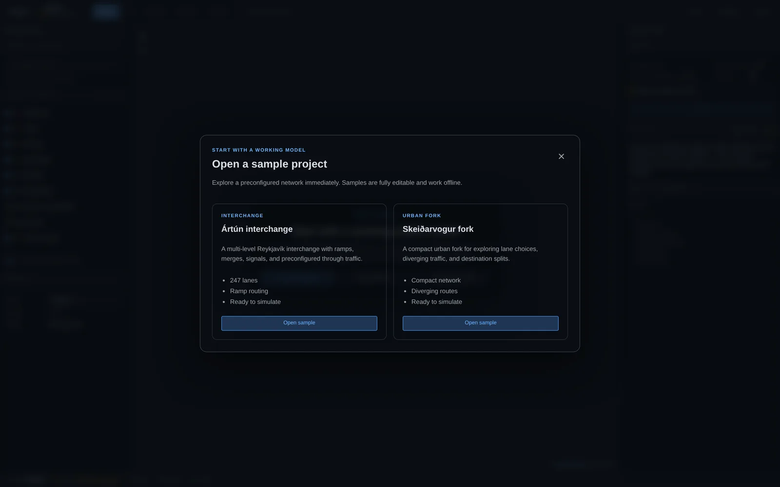 The sample projects dialog offering the Ártún interchange and Skeiðarvogur fork samples