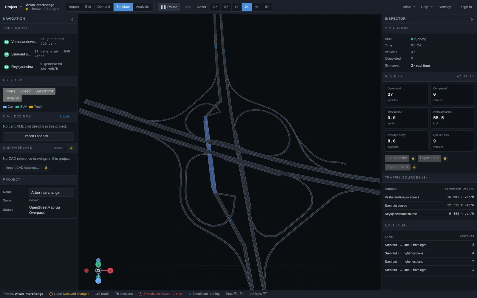 A running simulation at the Ártún interchange with live results in the inspector