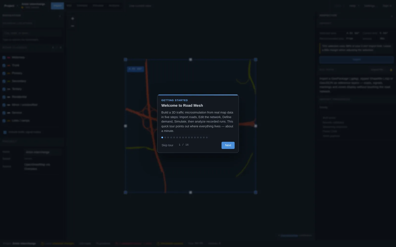The first step of the guided tour overlaying the import workspace