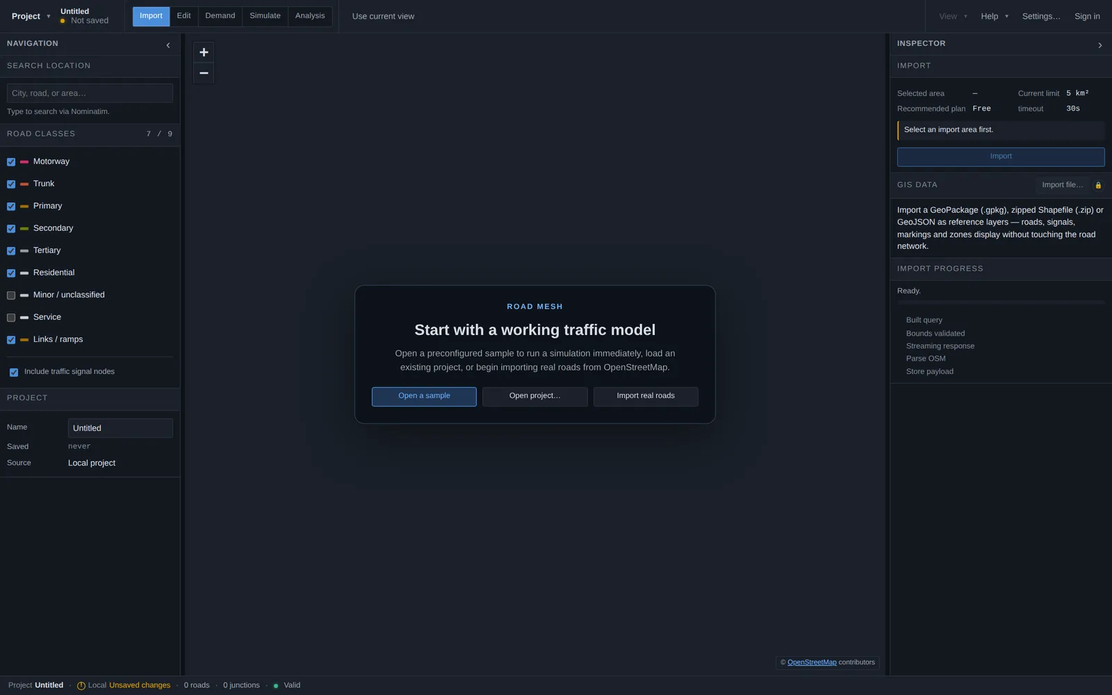 Import mode with the location search, road class checklist and import inspector